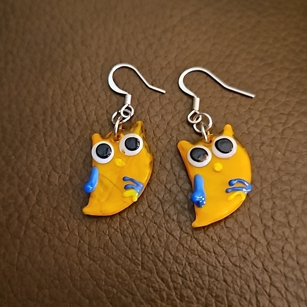 3/$30 Whimsical Yellow Glass Owl Fairycore Dangle Hook Earrings - Picture 2 of 4